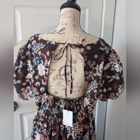 Sugarlips Brown Floral Maxi Dress with Puff Sleeves Size XL - Picture 4 of 12